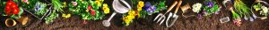 Titelbild mit einer bunten Sammlung von frisch gepflanzten Frühlingsblumen, kleinen Pflanzwerkzeugen und dem Logo der Loisachtaler Erden